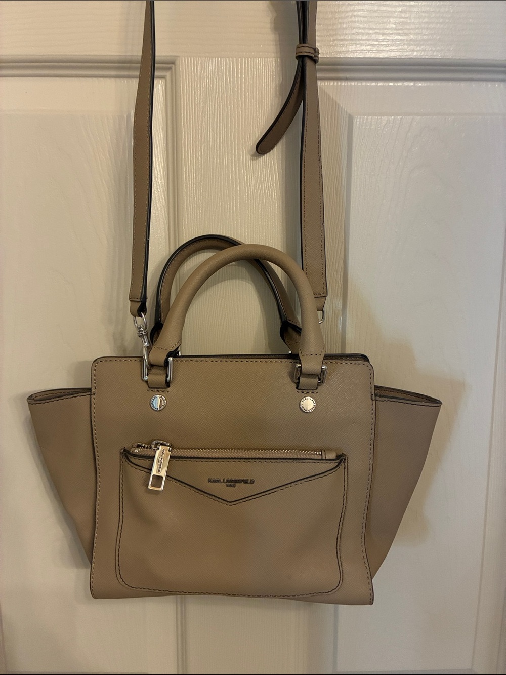 Karl Lagerfeld Taupe Saffiano‎ Leather Satchel with Detachable Strap